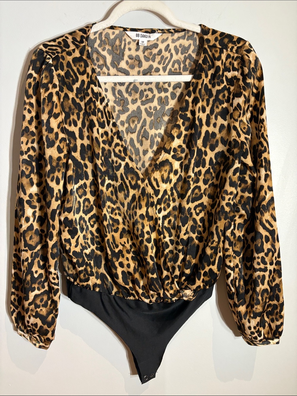 BB Dakota Leopard Print Wrap-Front Bodysuit in Brown and Black
